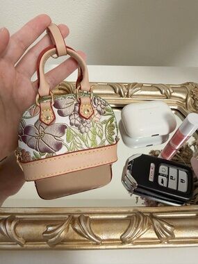 Floral Embroidery Mini Bag Charm • Real Leather Shell Pouch